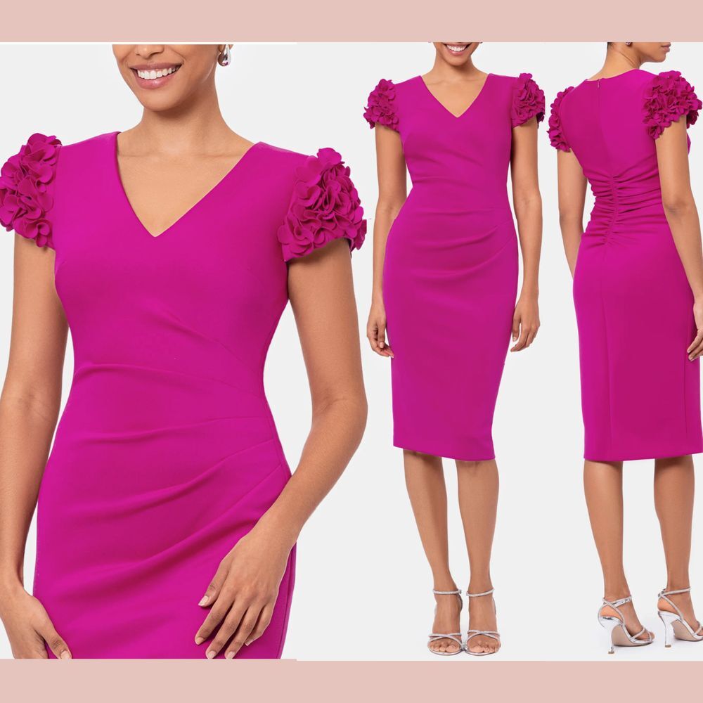 NWD $258 XSCAPE [ 6 ] Floral Appliqué Sleeve Cocktail‎ Sheath Dress Orchid Q1004